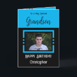 Birthday Grandson add photo name blue black Card<br><div class="desc">To a very special grandson.
Happy birthday.
Add a name and a photo.
Blue and black.</div>