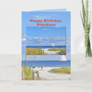 Birthday, Grandson, Beach and Ocean View Card