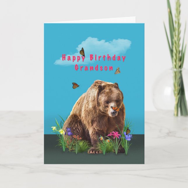 Birthday, Grandson,  Bear and Butterflies Card (Front)
