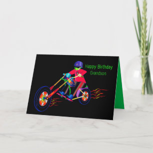 Birthday Grandson, Biker on Motorcycle Vivid Colou Card