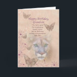 Birthday, Grandson, Cougar and Butterflies Card<br><div class="desc">The steady green eyes of a cougar stares out of a background of muted peach and pink. Butterflies and flowers decorate the edge of the image. With the main parts of the image faded into the background, the overall appearance is soft and dreamy which is in contrast to the fierceness...</div>
