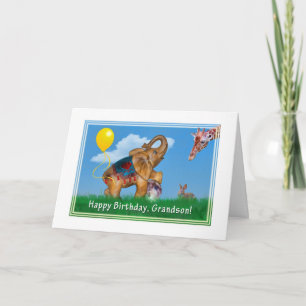 Birthday, Grandson, Elephant, Giraffe Card