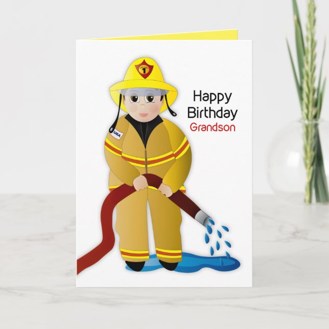 Birthday Grandson Firefighter with Water Hose Card (Front)