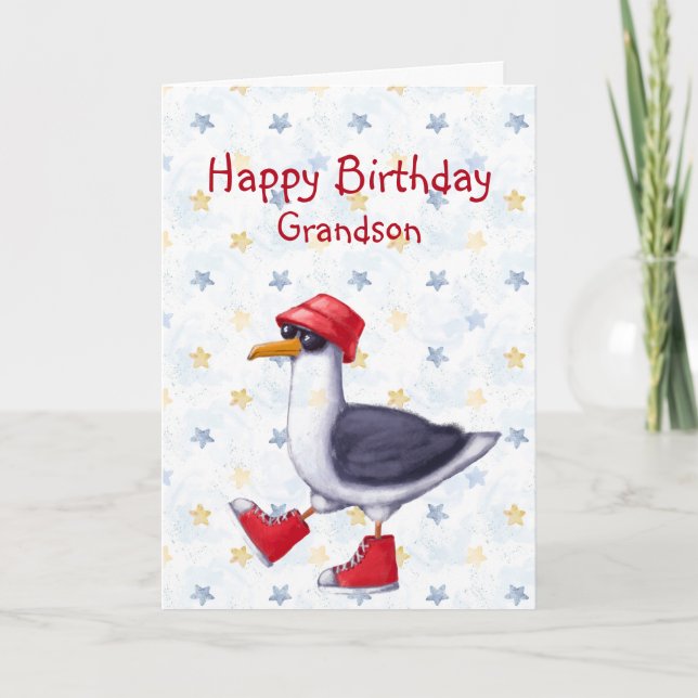 Birthday Grandson Fun Cute Seagull Bird  Card (Front)