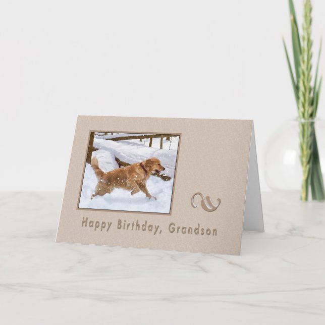 Birthday, Grandson, Golden Retriever Dog in Snow Card (Front)