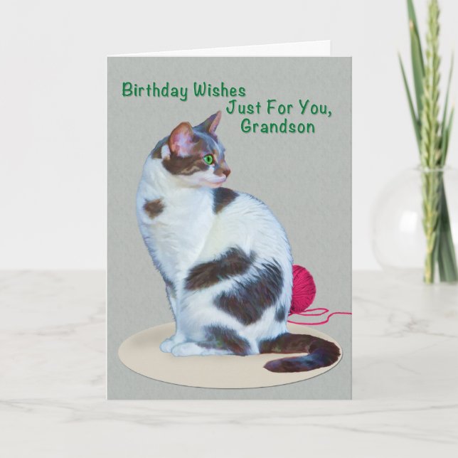 Birthday, Grandson, Green-eyed Cat Card (Front)