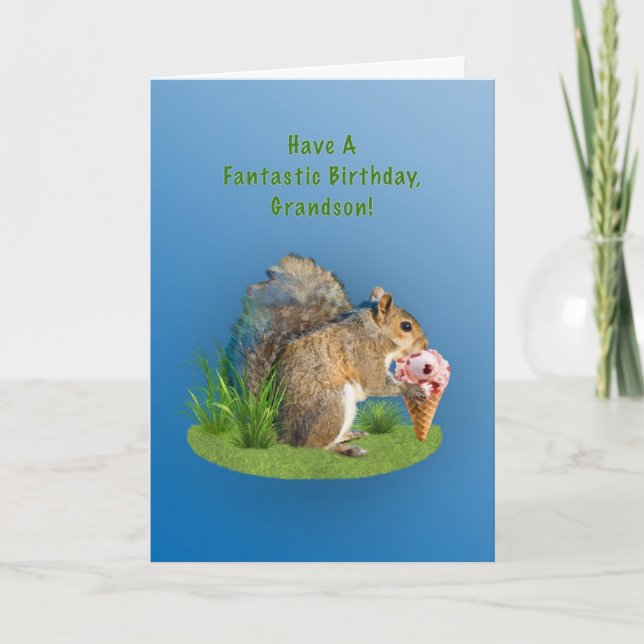 Birthday, Grandson, Squirrel With Ice Cream Cone Card (Front)