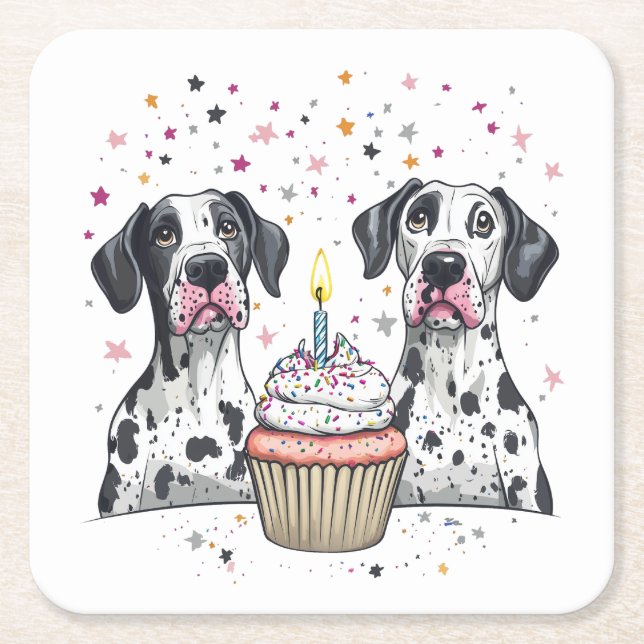 Birthday Great Dane Dogs Cupcake Square Paper Coaster (Front)