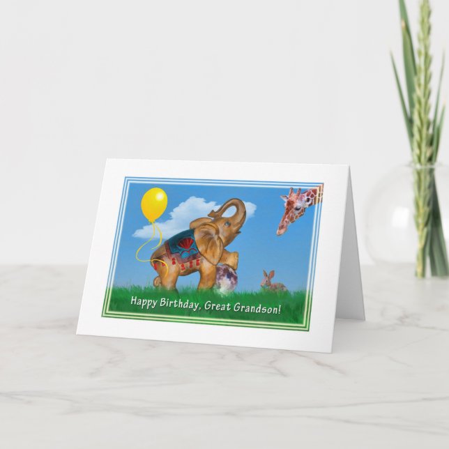 Birthday, Great Grandson, Elephant, Giraffe Card (Front)