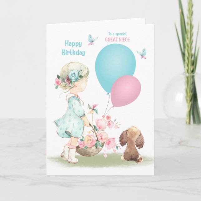 Birthday Great Niece Little Girl with Puppy Card (Front)