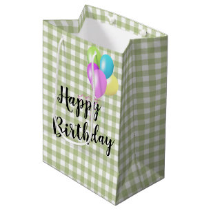 Birthday Green and White Gingham Medium Gift Bag