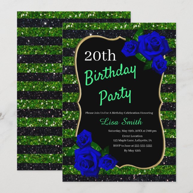 Birthday Green Black Stripe Glitter Deep Blue Rose Invitation (Front/Back)