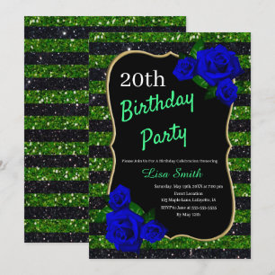 Birthday Green Black Stripe Glitter Deep Blue Rose Invitation