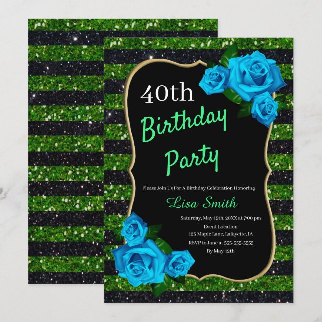 Birthday Green Black Stripes Glitter Blue Roses Invitation (Front/Back)