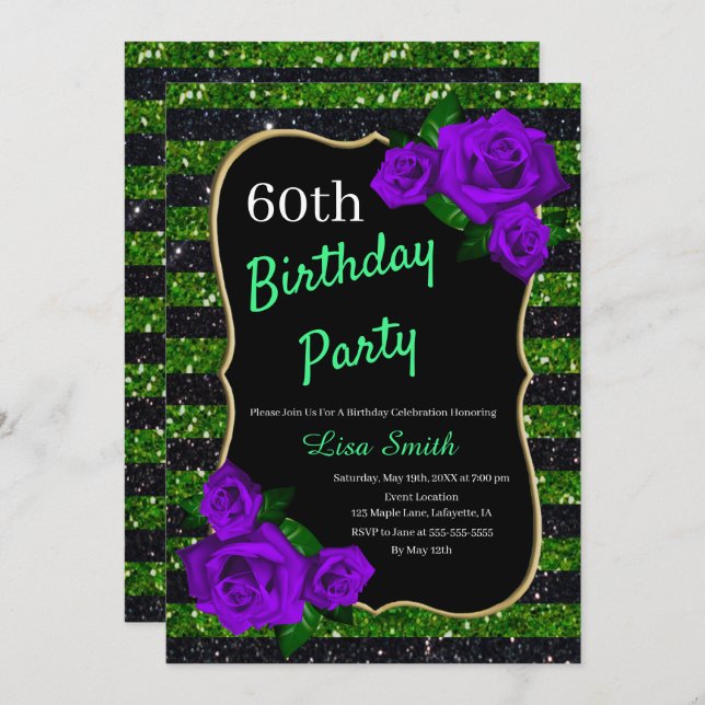 Birthday Green Black Stripes Glitter Purple Roses Invitation (Front/Back)