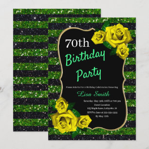 Birthday Green Black Stripes Glitter Yellow Roses Invitation