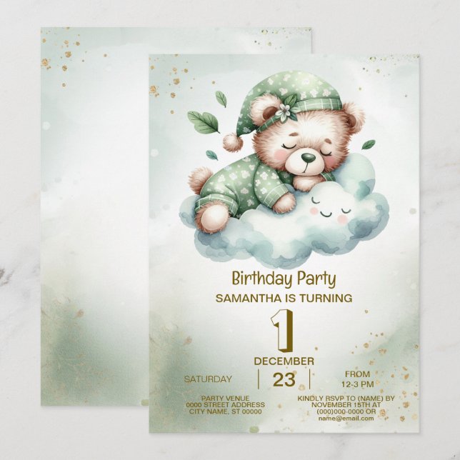 Birthday Green Boho Sleeping Teddy Bear Cute Party Invitation (Front/Back)