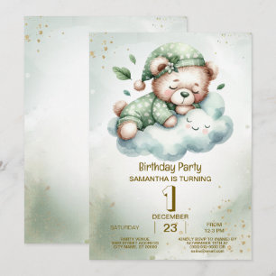 Birthday Green Boho Sleeping Teddy Bear Cute Party Invitation
