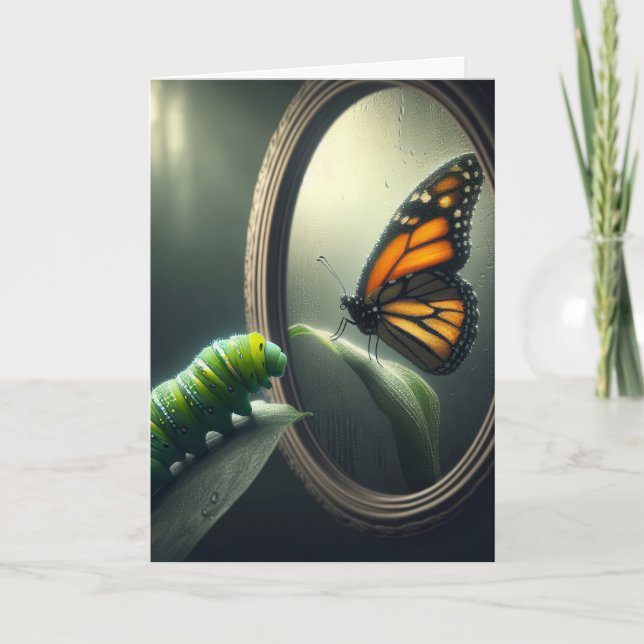 Birthday Green Caterpillar Staring at a Butterfly Card (Front)