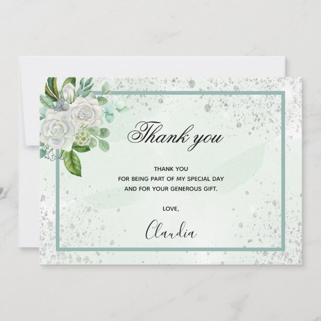 Birthday green floral photo thank you card (Front)