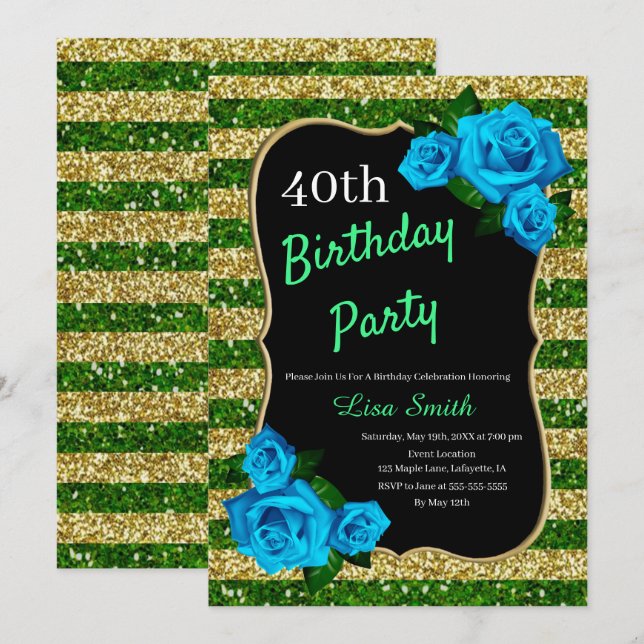 Birthday Green Gold Stripes Glitter Blue Roses Invitation (Front/Back)