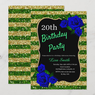 Birthday Green Gold Stripes Glitter Deep Blue Rose Invitation
