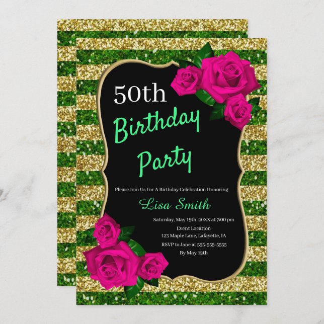 Birthday Green Gold Stripes Glitter Pink Roses Invitation (Front/Back)