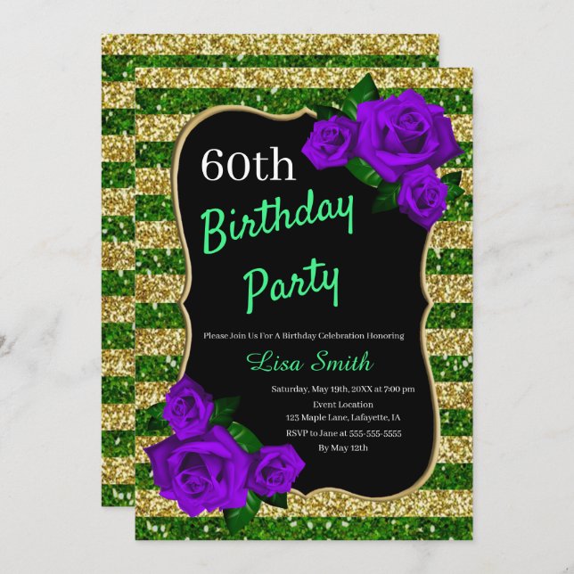 Birthday Green Gold Stripes Glitter Purple Roses Invitation (Front/Back)