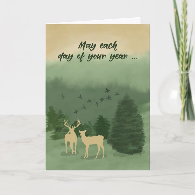 Birthday Green Landscape Deer with Evergreen Trees Card (Front)
