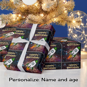 Birthday green rocket custom name and age wrapping paper