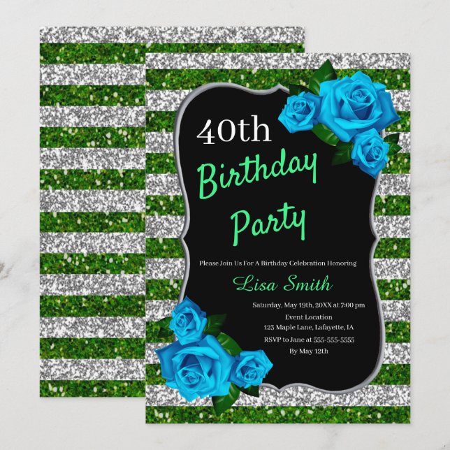 Birthday Green Silver Stripes Glitter Blue Roses Invitation (Front/Back)