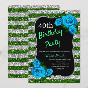 Birthday Green Silver Stripes Glitter Blue Roses Invitation