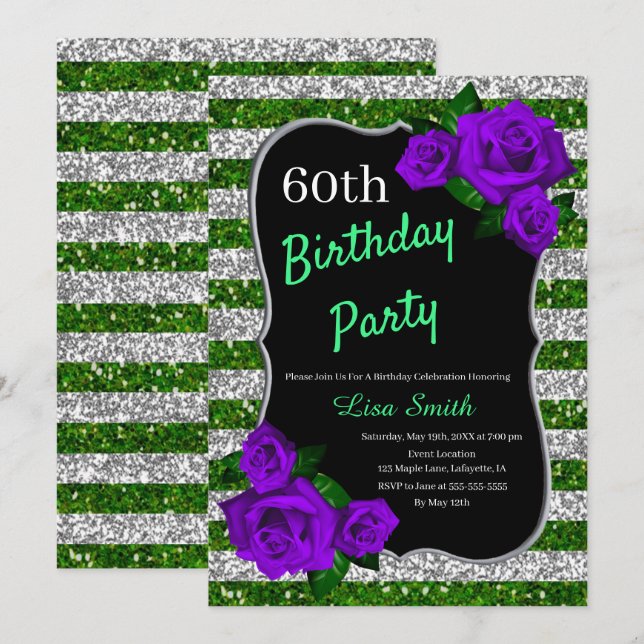 Birthday Green Silver Stripes Glitter Purple Roses Invitation (Front/Back)