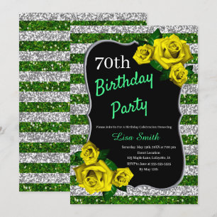 Birthday Green Silver Stripes Glitter Yellow Roses Invitation