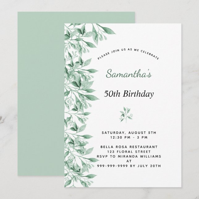 Birthday greenery botanical floral modern chic invitation (Front/Back)