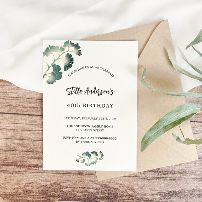 Birthday greenery white script elegant simple invitation postcard (Creator Uploaded)