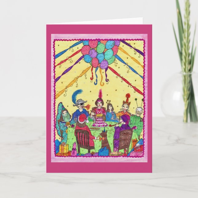 Birthday Greeting Card, costumes, dog, cake, party Card (Front)