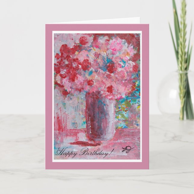 Birthday Greeting Card with Pink Flowers Painting (Front)
