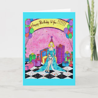 Birthday Greeting Card with Woman, Presents, Cats