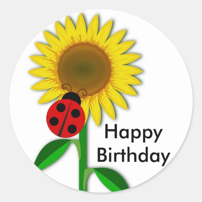 Birthday Greeting Round Sunflower Sticker, Glossy Classic Round Sticker (Front)