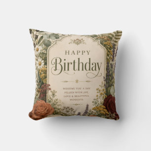 Birthday Greeting with Wildflowers ,Olive Branches Cushion