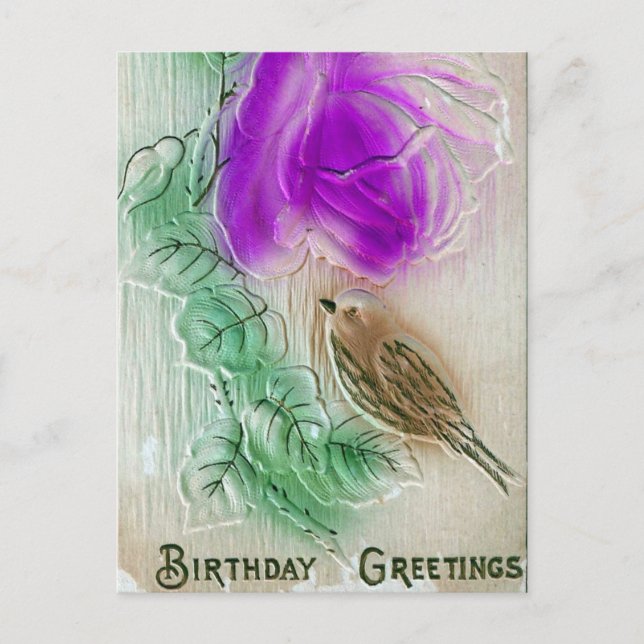 Birthday Greetings Bird and Flower Postcard (Front)