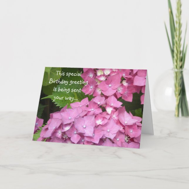 Birthday Greetings Pink Hydrangeas Card (Front)
