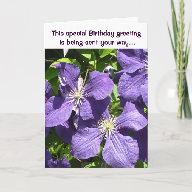 Birthday Greetings Purple Clematis Card (Front)