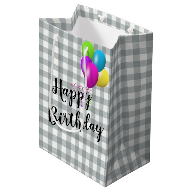 Birthday Grey and White Gingham Medium Gift Bag (Front Angled)