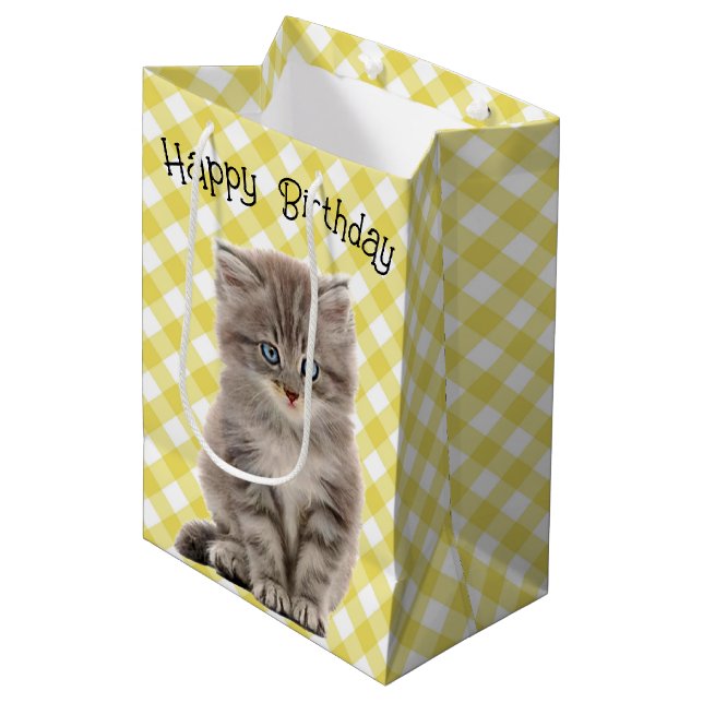 Birthday Grey Kitten On Gingham Medium Gift Bag (Front Angled)