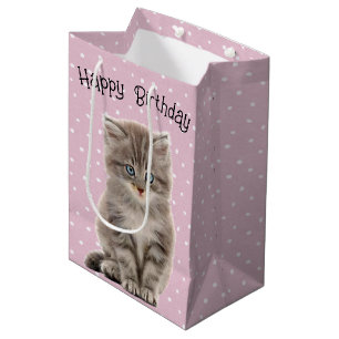 Birthday Grey Kitten On Polka Dots Medium Gift Bag