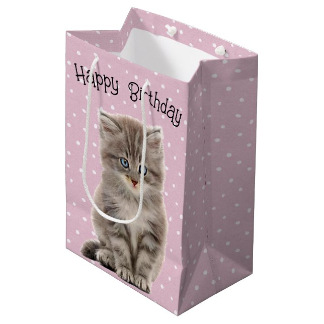 Birthday Grey Kitten On Polka Dots Medium Gift Bag (Front Angled)