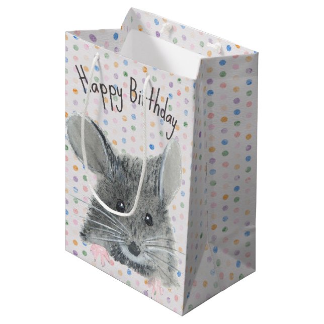 Birthday Grey Mouse On Dots Medium Gift Bag (Front Angled)