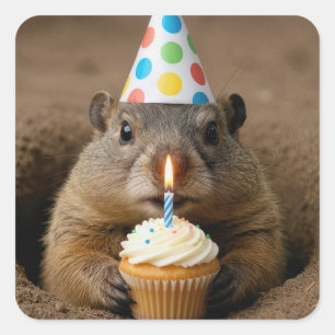 Birthday Groundhog with a Cupcake Square Sticker